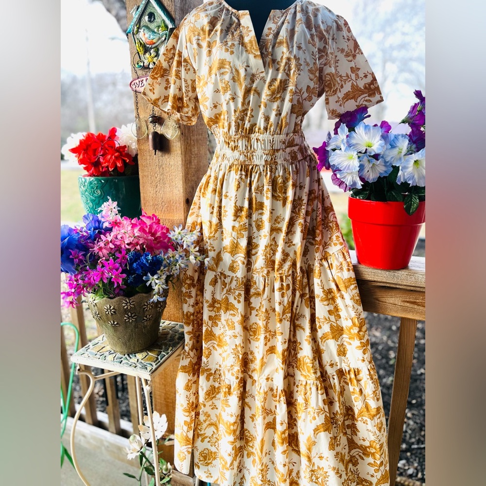 Kate & Sam Prairie Cotton Goldenrod Floral Toile Print Short Sleeve Maxi Dress